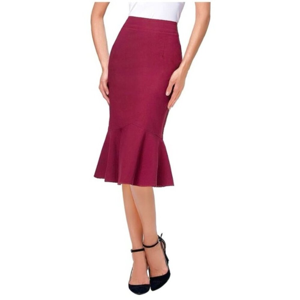 KATE KASIN Womans Burgandy Fitted Mermaid Pencil Flare Midi Skirt Ruffle